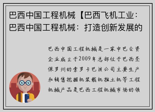 巴西中国工程机械【巴西飞机工业：巴西中国工程机械：打造创新发展的合作共赢】