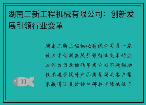 湖南三新工程机械有限公司：创新发展引领行业变革